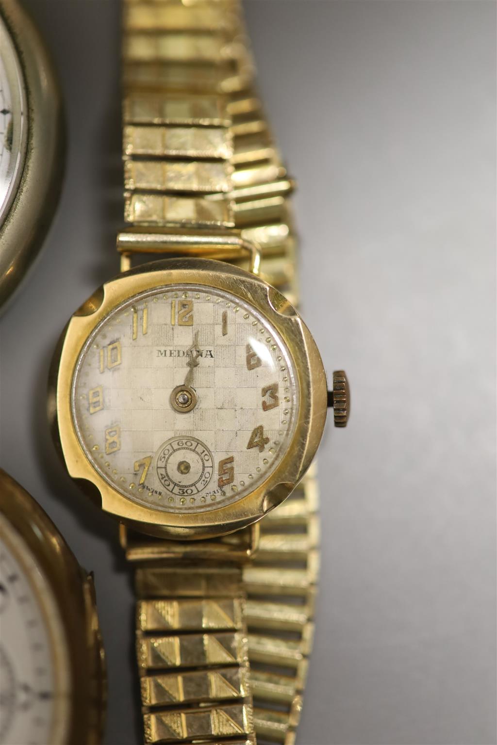 Two ladys gold wristwatches with gold plated bracelets, gross 39.6 grams and three other watches, various